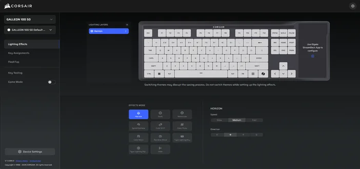 CORSAIR WEB HUB keyboard lighting and device settings interface