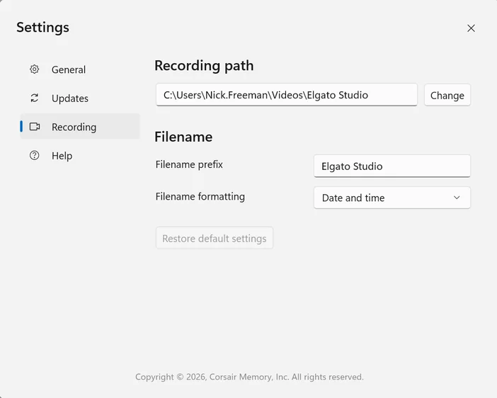 Elgato Studio 1.1 Settings - Recording